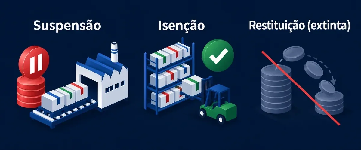 Ilustração das modalidades de drawback: suspensão, isenção e restituição, esta última extinta